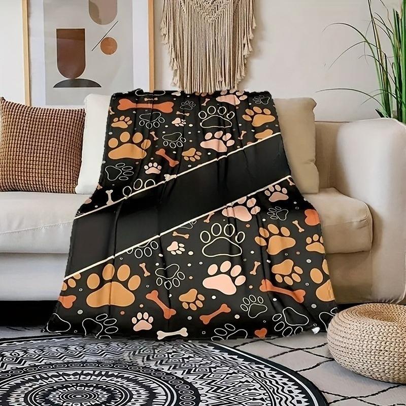 Dog Paw Bone Throw Blanket, Brown Paw Print Soft Flannel Blanket for Sofa Bedroom Home Decoration
