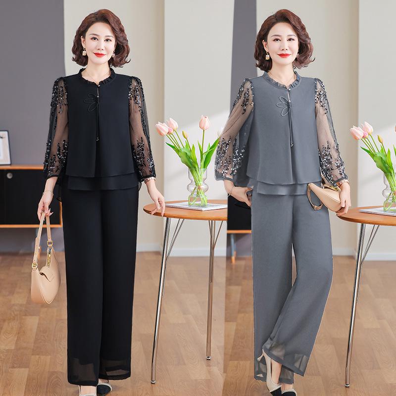 Women's 2025 Stylish Spring Suit: Gauze Sleeve Blouse & Two-Piece Set for Middle-Aged & Elderly