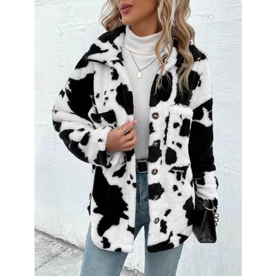 Modische doppelseitige Plüsch-Oberteiljacke mit Kuhmuster und Taschen, Damenmäntel, lässige Oberteile, langärmeliger Wintermantel
