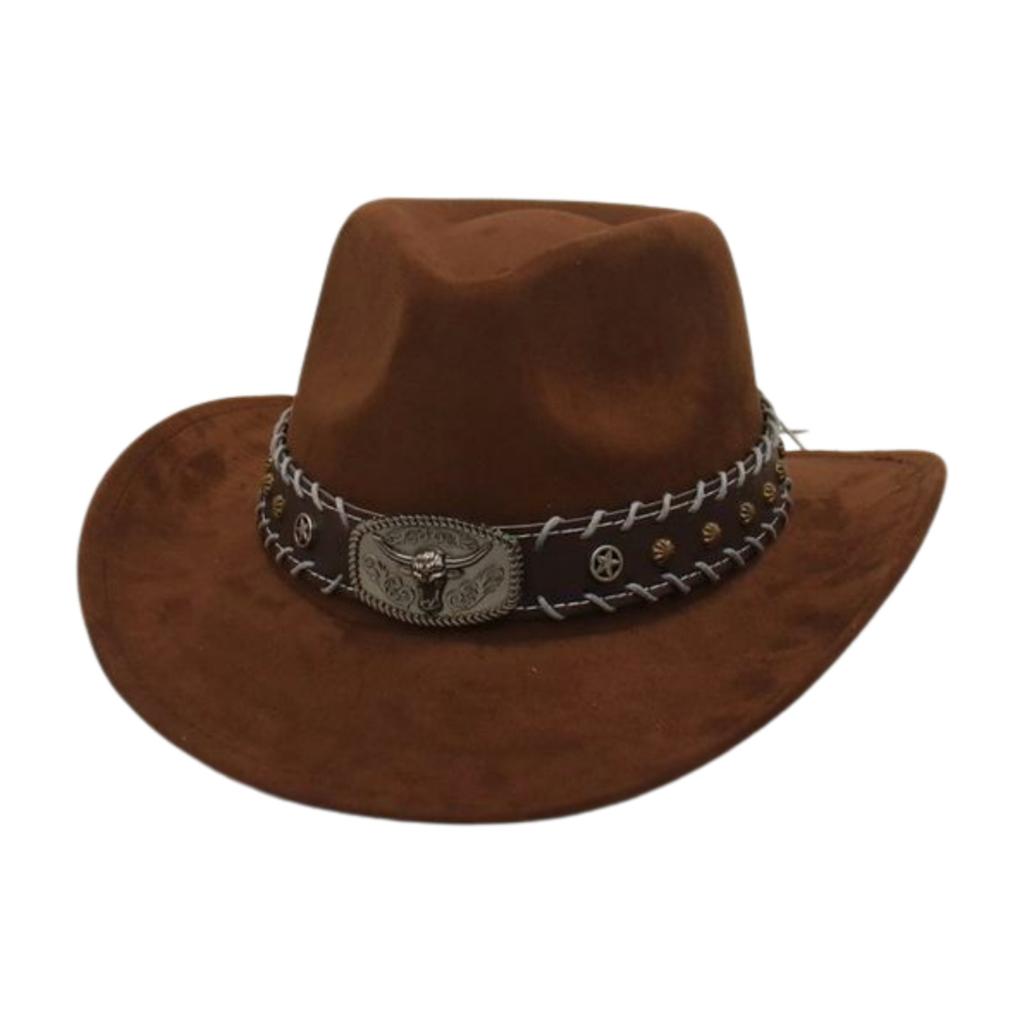 Ethnic Pattern Cowboy Hat Male Wool Felt Western Sombrero Cap Classic Riding Travel Fedora Hat Metal Bull Head Gentleman Hat