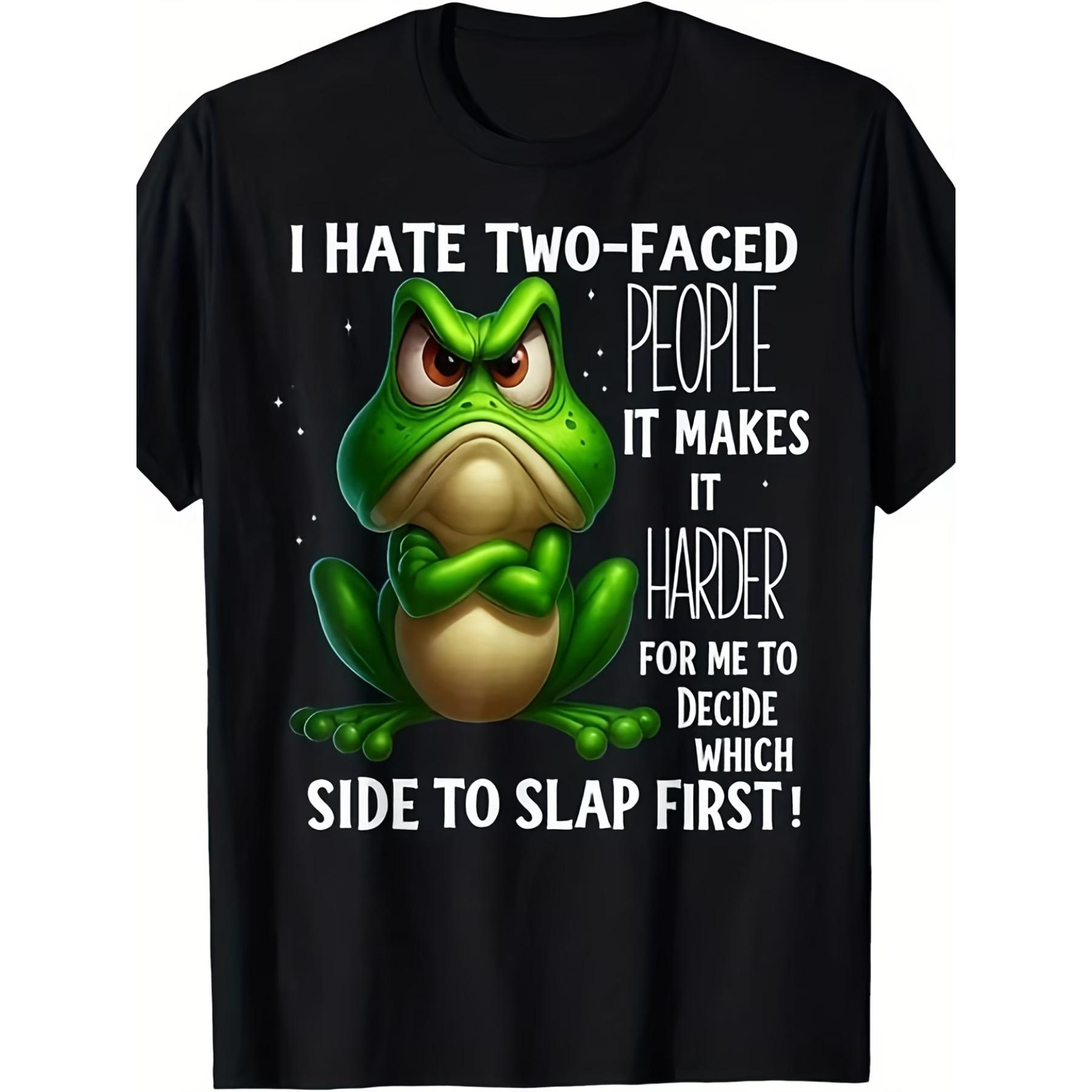 

Men S Funny Frog Graphic T-Shirt with I Hate Two-Faced People Slogan - Retro Casual Short Sleeve Tee XXL