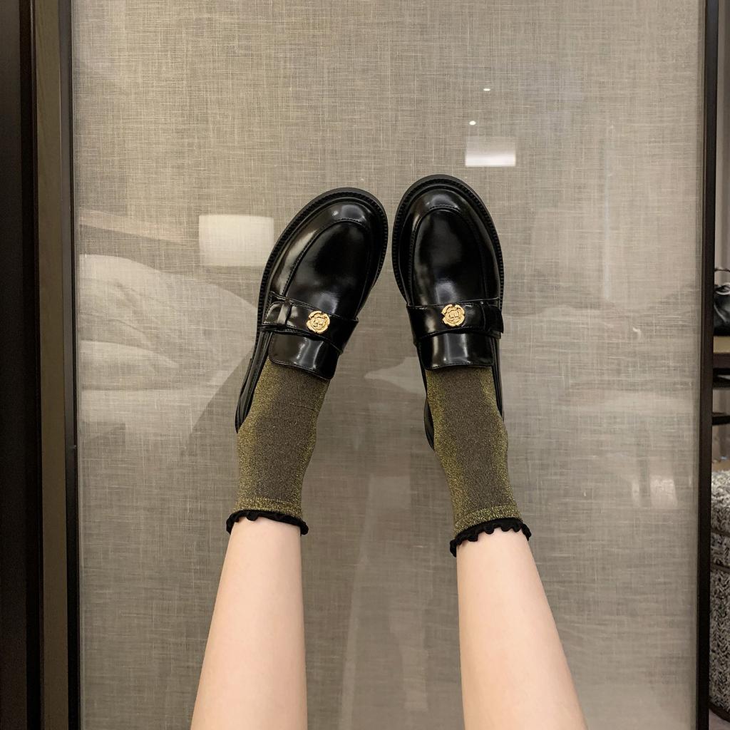 Sheepskin~ Platform Small Leather Shoes Women's Camellia One-pedal Genuine Leather Loafers British Retro Thick Heel Lazy Single Shoes