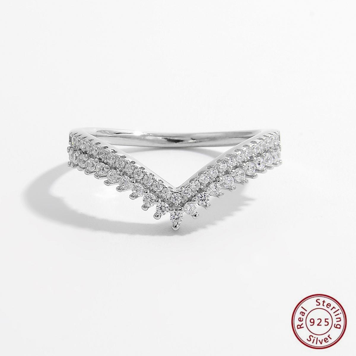 

925 Sterling Silver Double Layer Zircon V Shaped Ring For Fine Jewelry Gifts Weddings, Engagement, Daily Life Gifts