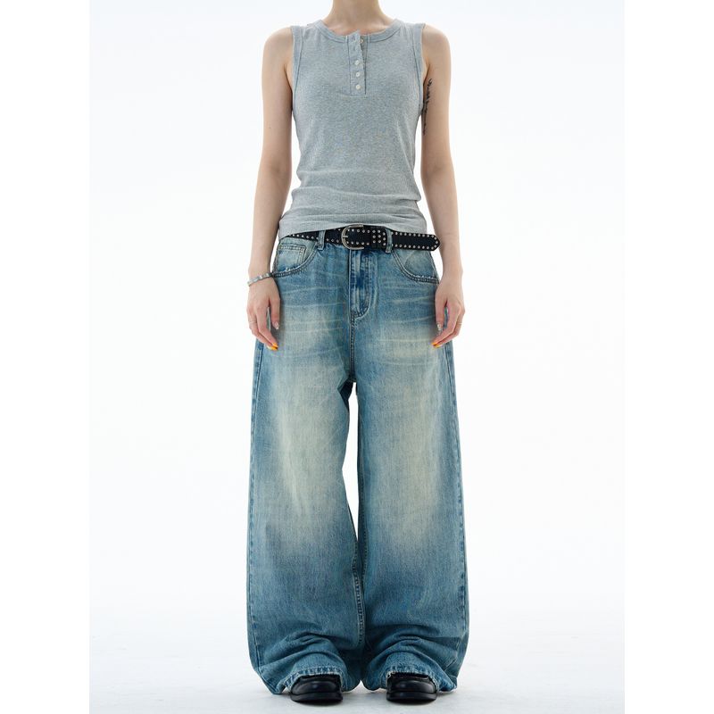 Madwitch Retro Cool Washed Straight-Leg Jeans for Men and Women, Loose Casual High Street Distressed Wide-Leg Pants Trendy