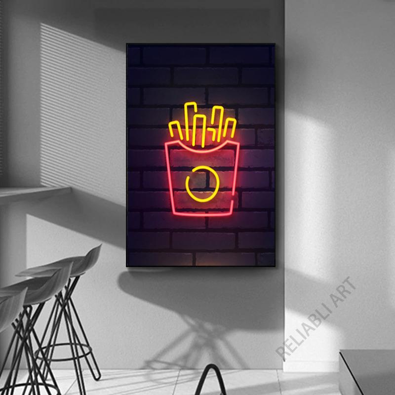

Красочные неоновые холсты для быстрого питания, картина с картофелем фри, напитки, пицца, гамбургеры, значки, уличные художественные постеры для декора стен столовой 21x30cm No Frame