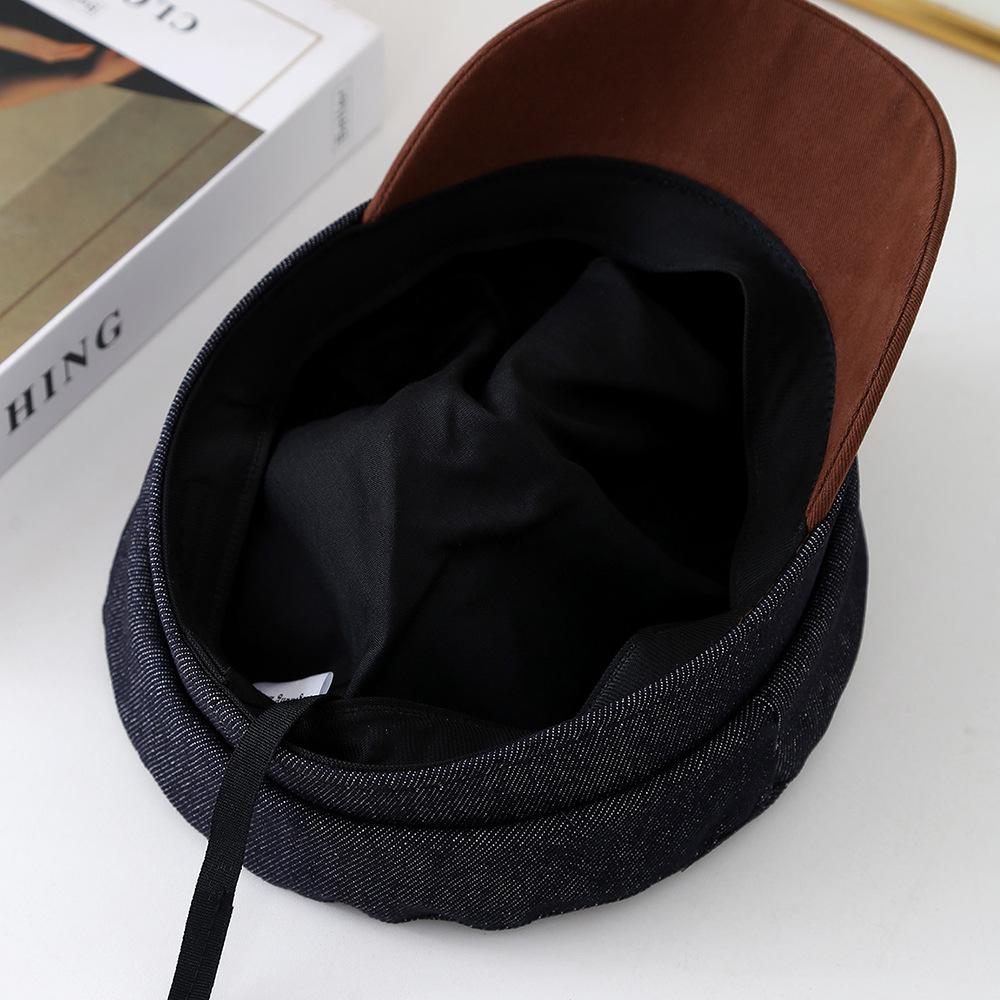 New British retro dark denim flat top hat color matching brim newsboy hat summer women's casual octagonal hat