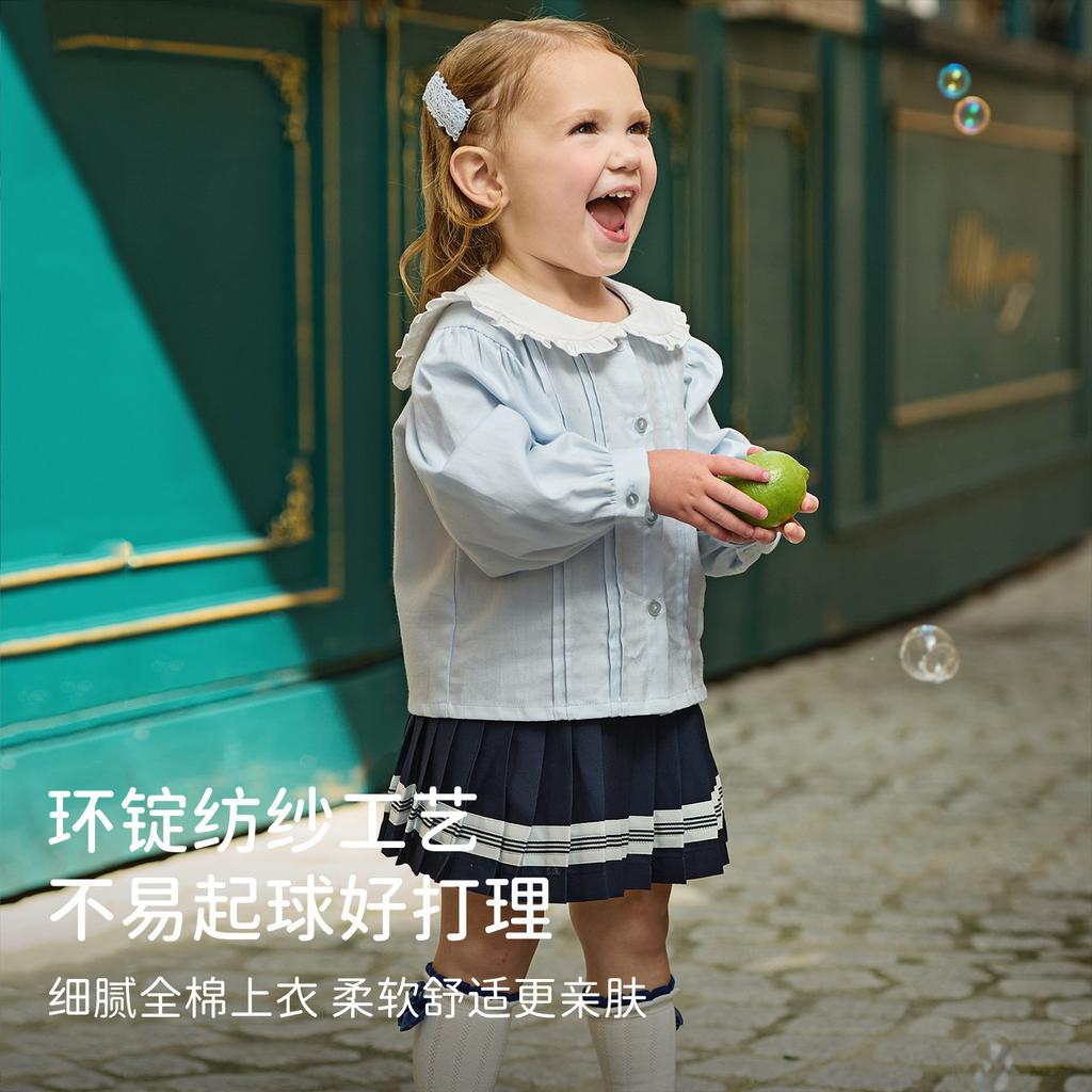 David Bella Children's Half Skirt Set for Spring, New Girls' Pleated Skirt, College Style Shirt Two-piece Set