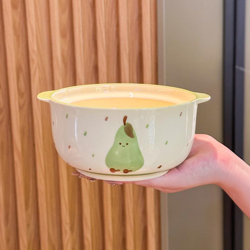 Ins High-value Fruit Croissant Ceramic Instant Noodle Bowl with Lid Binaural Soup Bowl Student Dormitory Instant Noodle Bowl