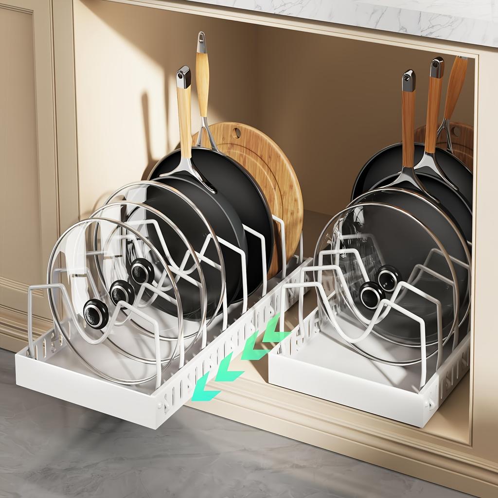 Pull Out Pot Lids Organizer Rack, 2pcs Pots and Pans Organizer for Under Cabinet, Pot Lid Holder with 8 Adjustable Compartment for Kitchen Cabinet