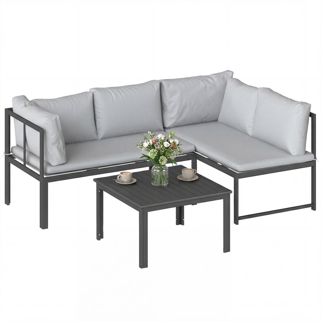 Garden Lounge Outdoor Terrace Furniture 3 Piece 4 Seater Modular With Adjustable Armrests Thick 16cm Cushions Gray