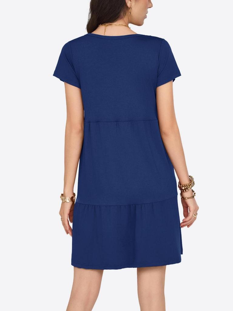 Womens V Neck Tiered Dress Short Sleeve Loose Casual Knee Length Dress