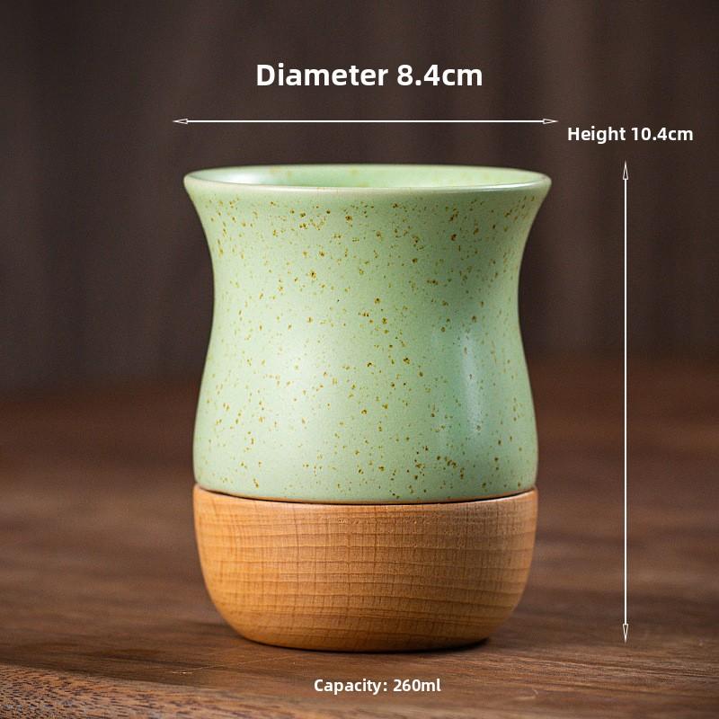 260ml Vintage Stoneware Coffee Mug with Wooden Saucer - Handcrafted Ceramic Espresso Cup for Office & Home Use