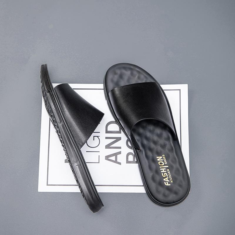 

2025Лето Мужские тапочки Легкие ПУ Мягкие кожаные тапочки Повседневные С открытым носком Пляжная обувь для мужчин Нескользящие Плоские тапочки Шлепанцы 39 чёрный