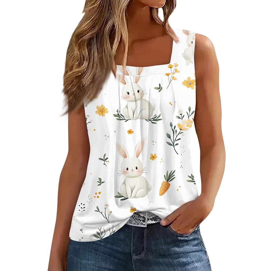 Women's Fashion Casual Pleated Square Collar Sleeveless Vest Print Summer T-shirt