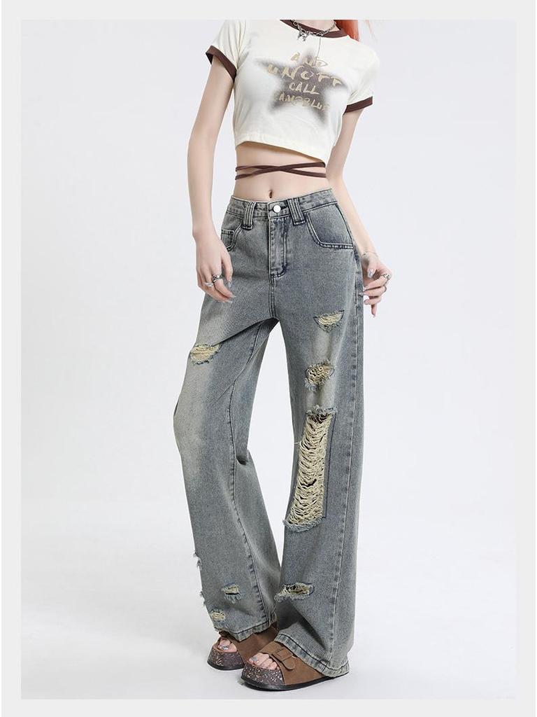 Women's High-Waist Ripped Wide-Leg Jeans - Summer Retro Trend