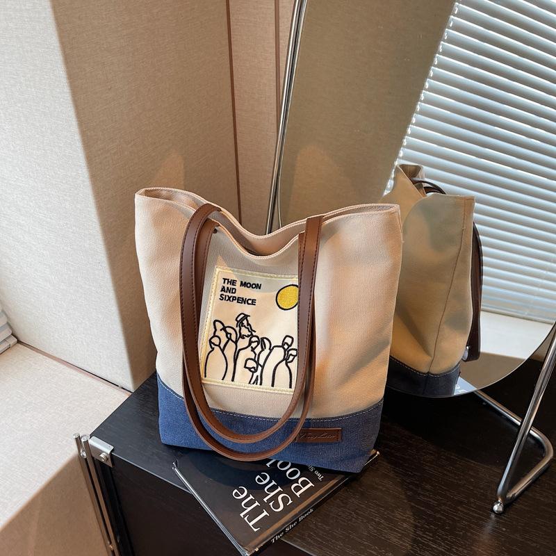 Large capacity canvas bag women's summer new casual shoulder bag contrasting color college student class tote bag