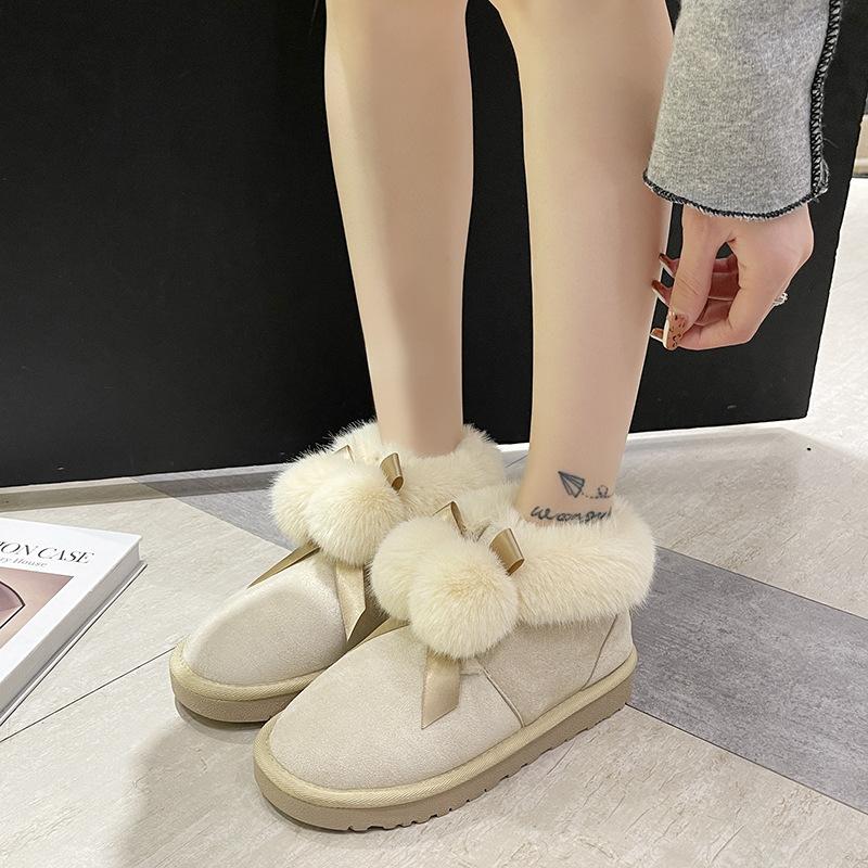 Hairball Snow Boots Women's Winter New Cotton Shoes Fashionable Thick-soled Plush Thickened Fluffy Short Boots