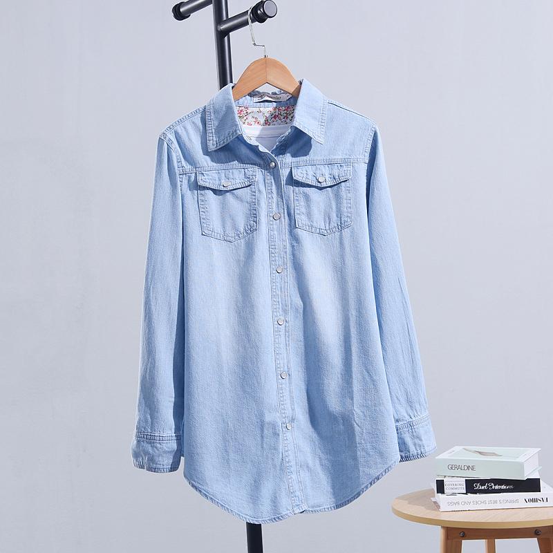 Camisa de mujer Tops de mezclilla Casual Bolsillos gruesos Camisa de manga larga con solapa abotonada de un solo pecho