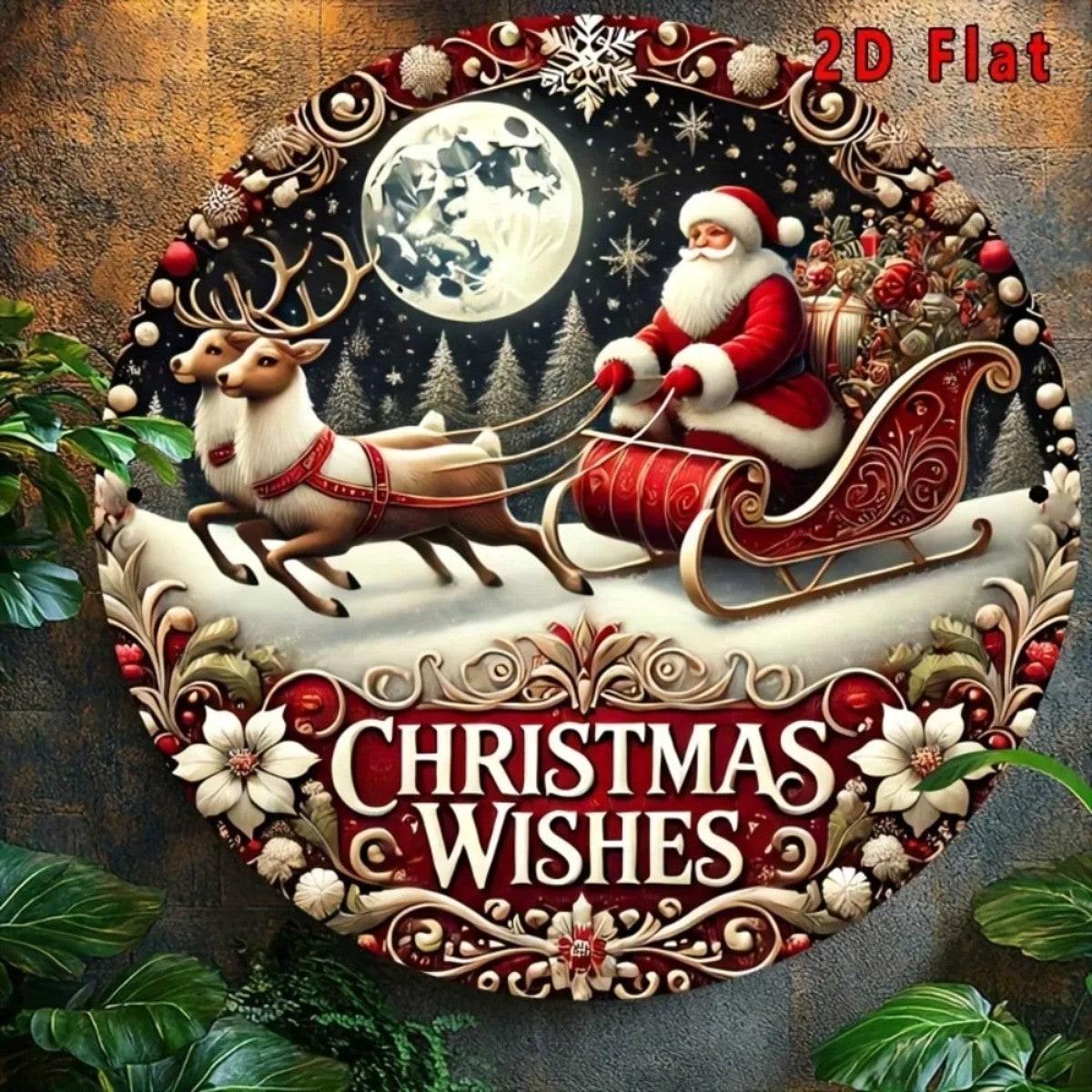 

Vintage Santa Claus Sleigh Round Metal Wall Poster, Christmas Wreath Home Decoration
