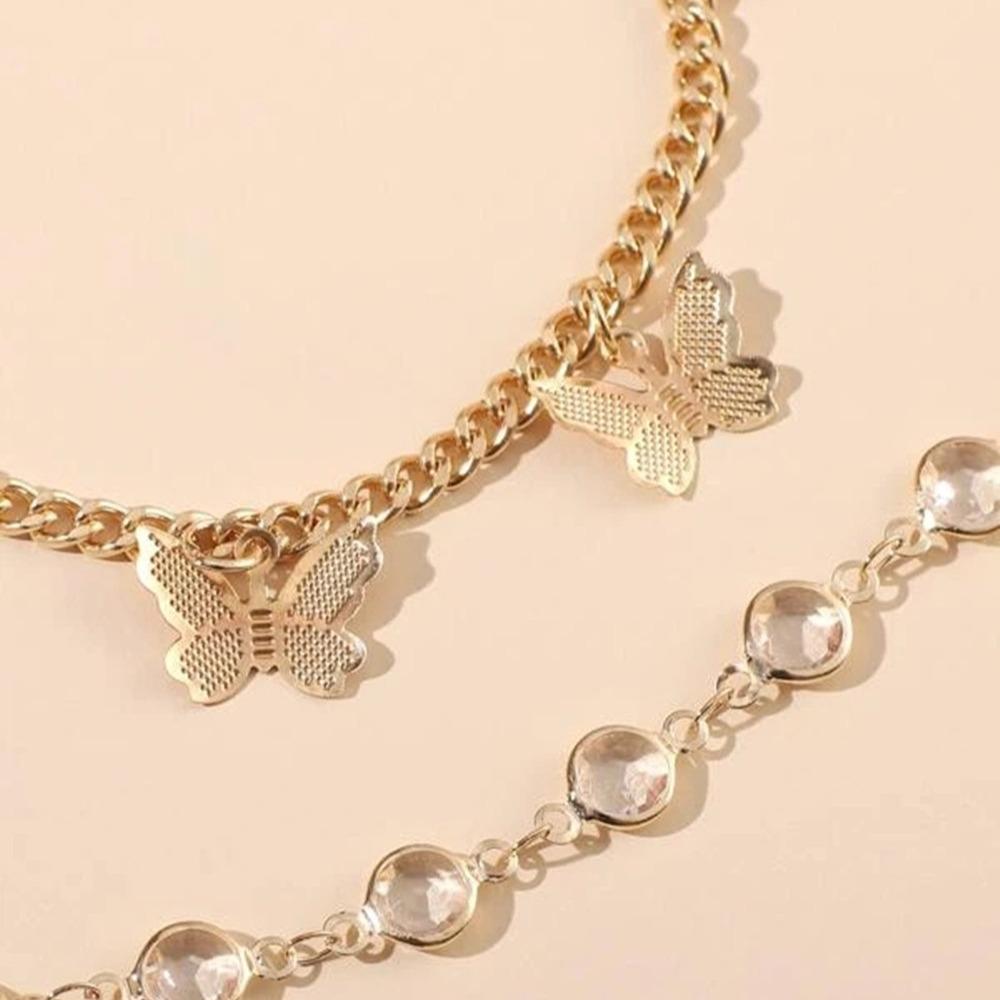 Europe and the United States hot-selling rhinestone butterfly pendant double anklet women, simple and fashionable foot two-piece set