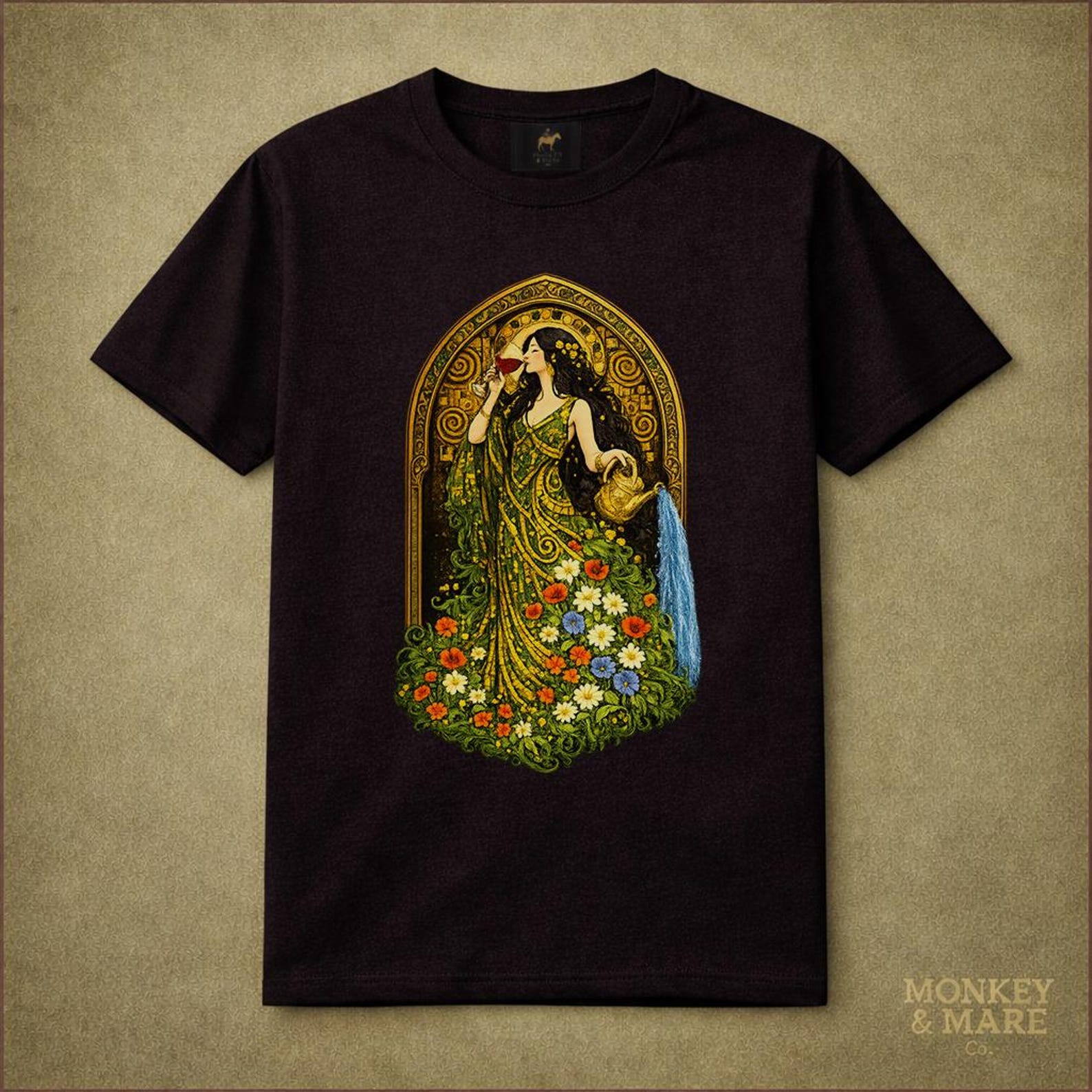 Art Nouveau Garden Goddess wine scene T-Shirt | Botanical vintage illustration L
