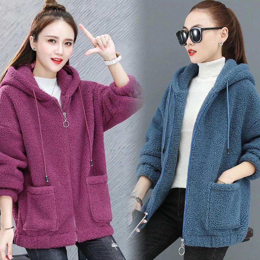 Solid Color Lamb Wool Fleece Hoodie Women's Thick Winter Loose Korean Style Teddy Fleece Zip-Up Casual Coat