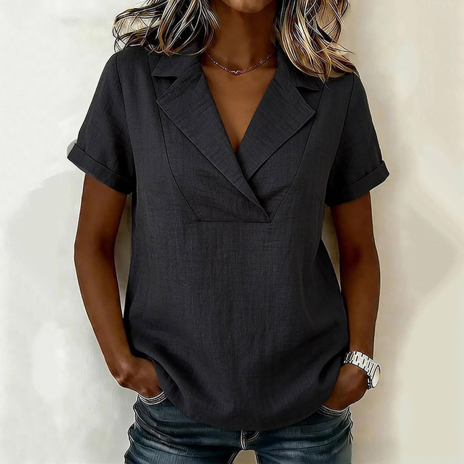 

Women s Casual Shirt Loose V-neck Short-sleeved Turtleneck Top L чёрный