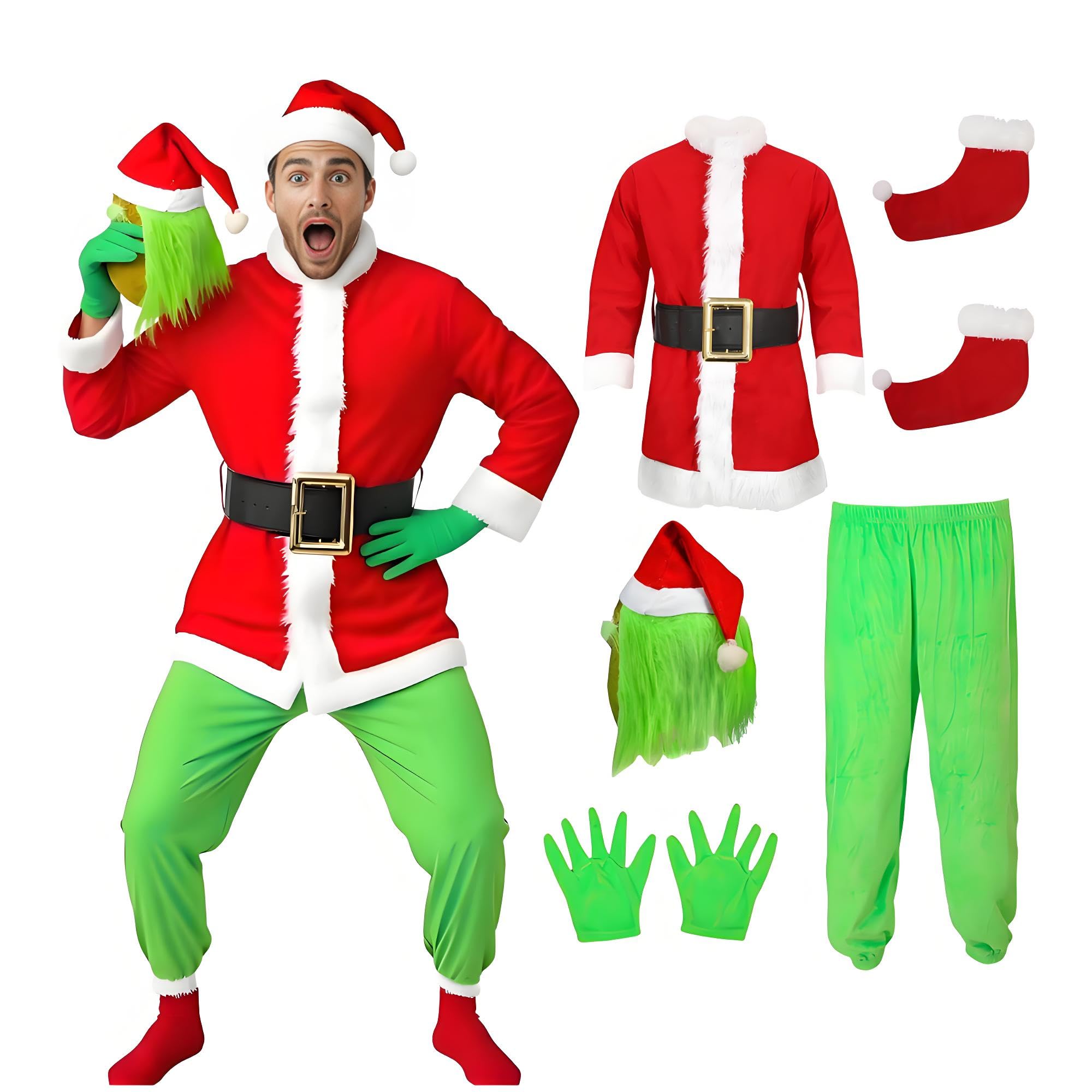 

6PCS Adult Xmas Costume Santa Claus Outfit for Men Women Christmas Halloween Cosplay Party Accessory Suits XXXL