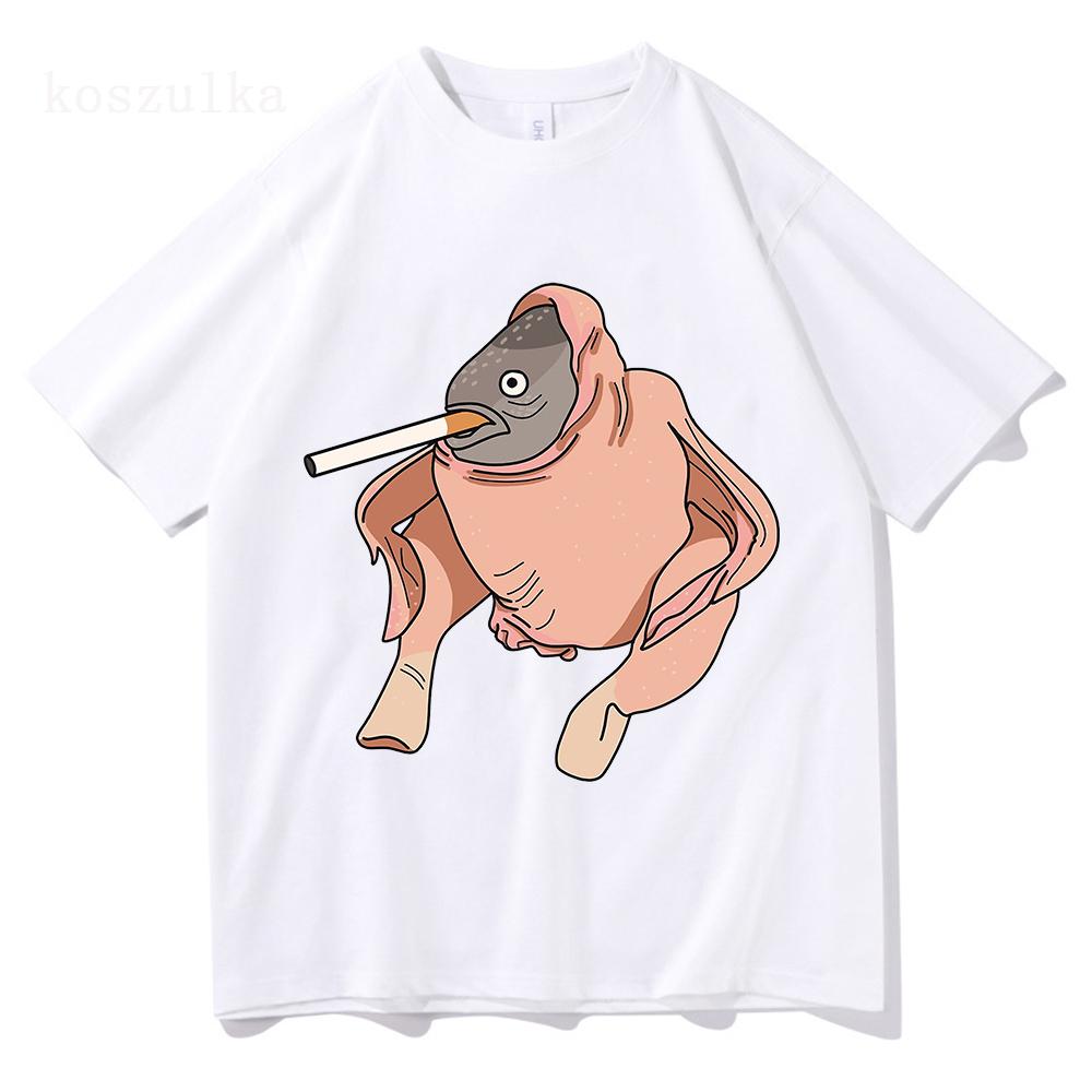 Fish Chicken Smoking A Cigarette Funny Meme T-shirt Cartoon Printed Tshirt for Men/Women Cotton Soft High Quality Tee-shirt