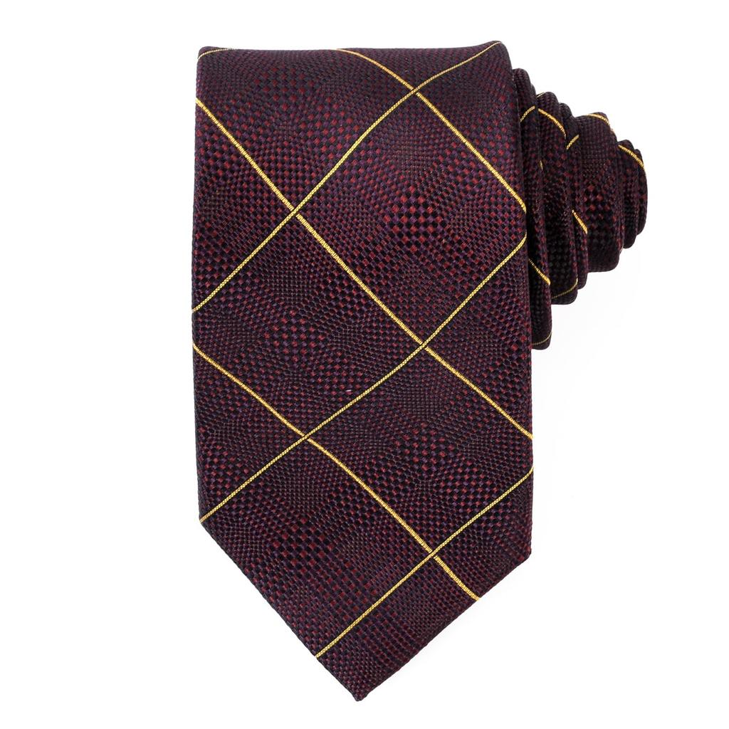 Michiko London Brand Made In Silk Jacquard Windowpane Check Pattern Necktie, Japan, 100% Weave, (Pattern A Wine)