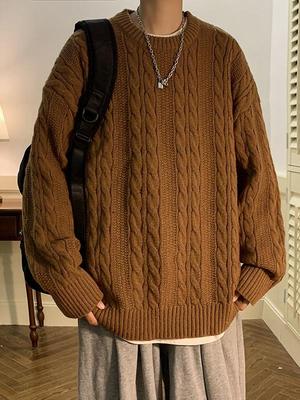 Men's Retro Loose Fit Cable Knit Crew Neck Sweater - Trendy Autumn/Winter Hong Kong Style Knitwear