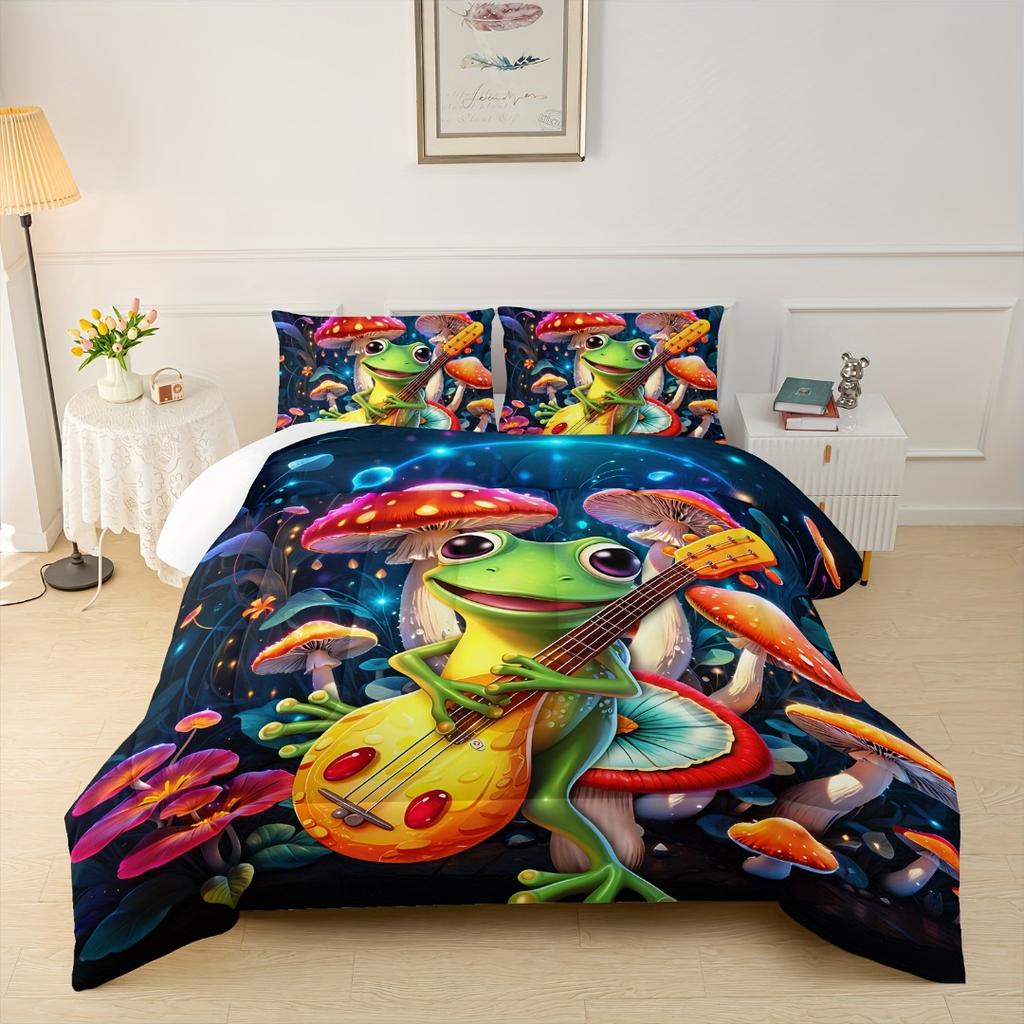 Cute Frog Guitar Comforter Set Botanica Mushroom 3 Piece Bedding Set Cartoon Comforter For Room Decor