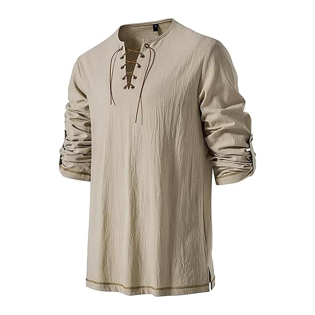 Men's Casual And Fashionable Cotton And Linen Solid Color Round-neck Long-sleeved