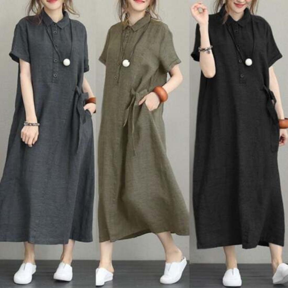Shop Women Linen Collar Neck Short Sleeve Loose Fit Long Dress Won Wdr Wa65d82