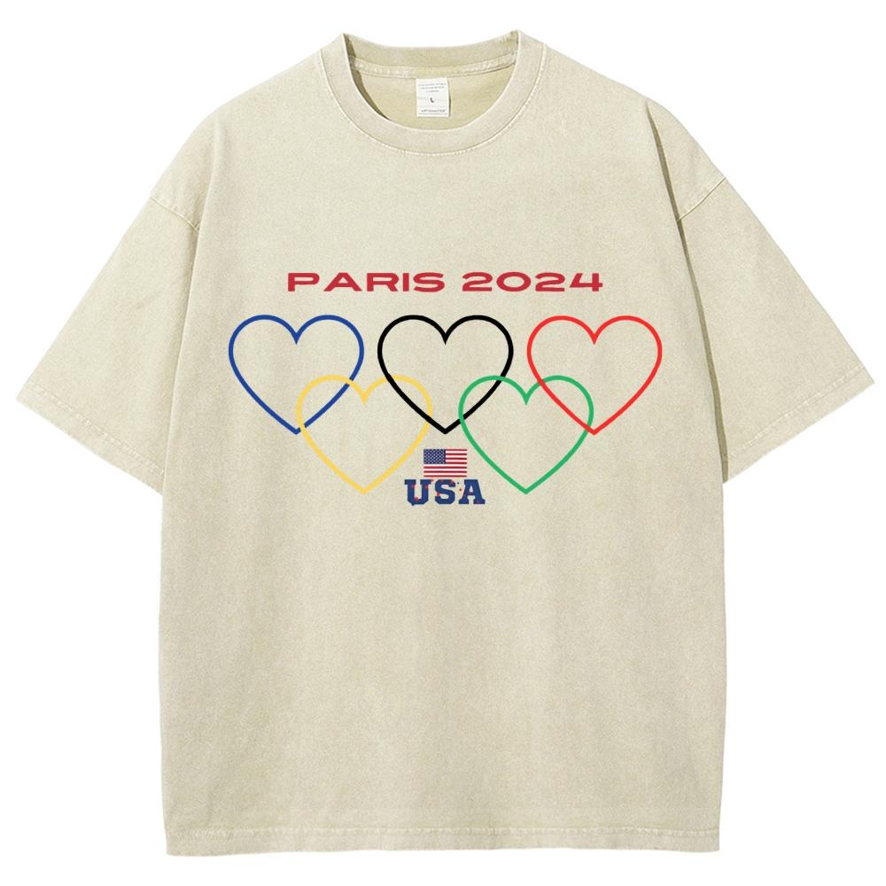 Five Colorful Hearts Print Women's T-Shirts Loose Wash Oversized Short Sleeve Trendy Brand Street  Tops