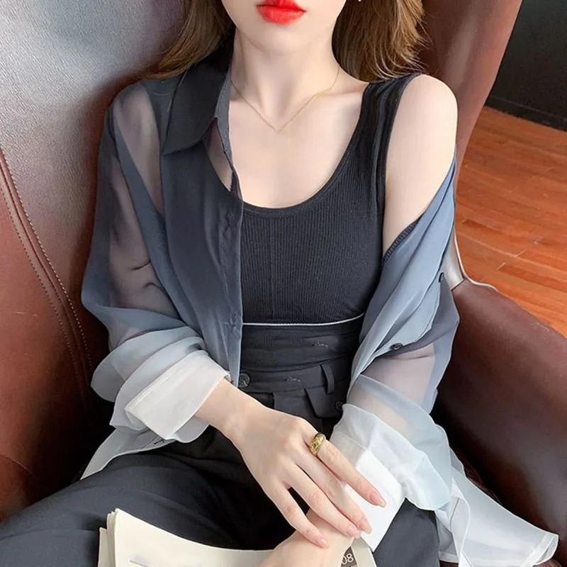 Modefarben Hemd Damen Sommer Tie Dye Kontrastfarbe Sonnenschutzhemden Koreanische Streetwear Bluse