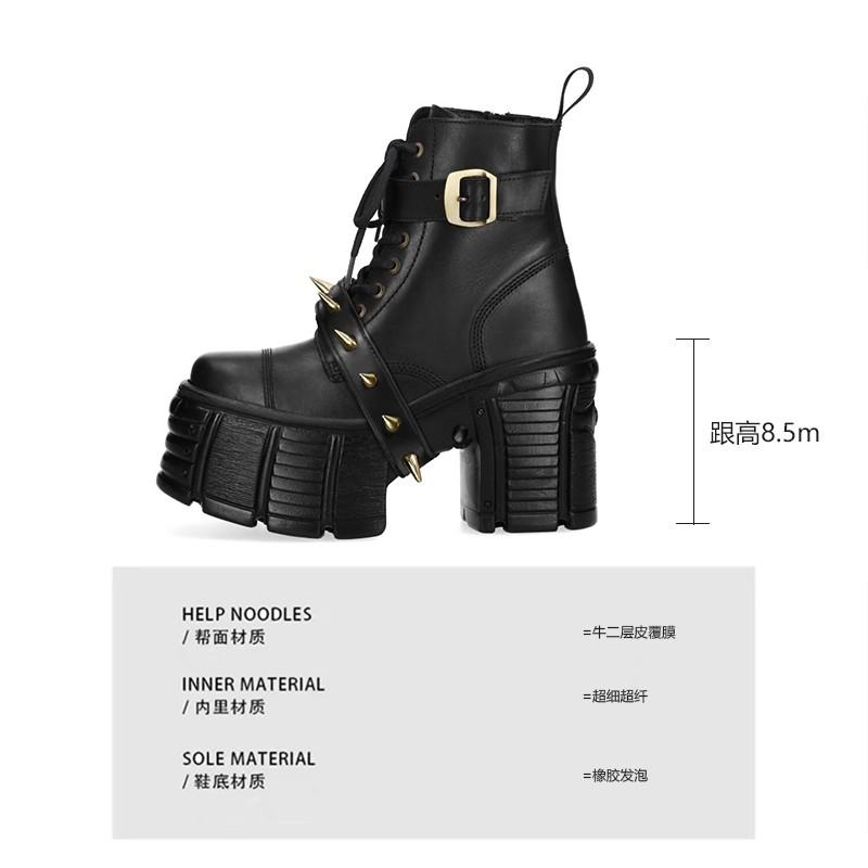 Thick Sole Round Belt Buckle Women's Short Boots 2025 Autumn New Street Punk Rock Lace-Up Boots Thick Heel Casual Boots