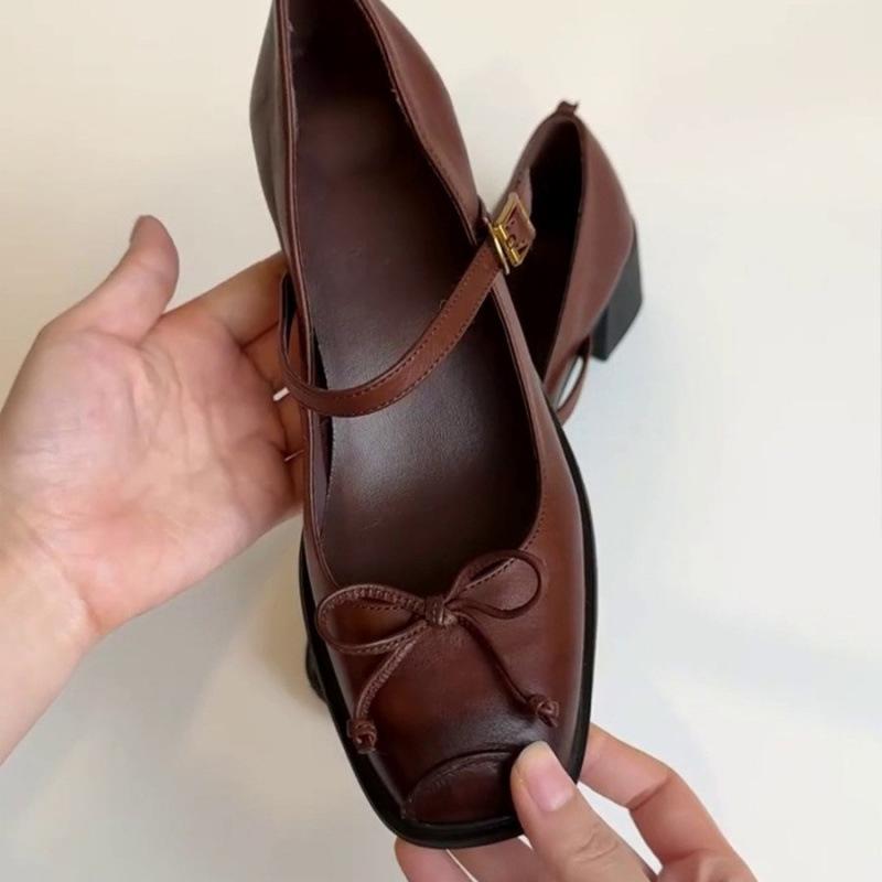 French retro style square head light mouth word with bow thick heel single shoes commuter versatile high heels new