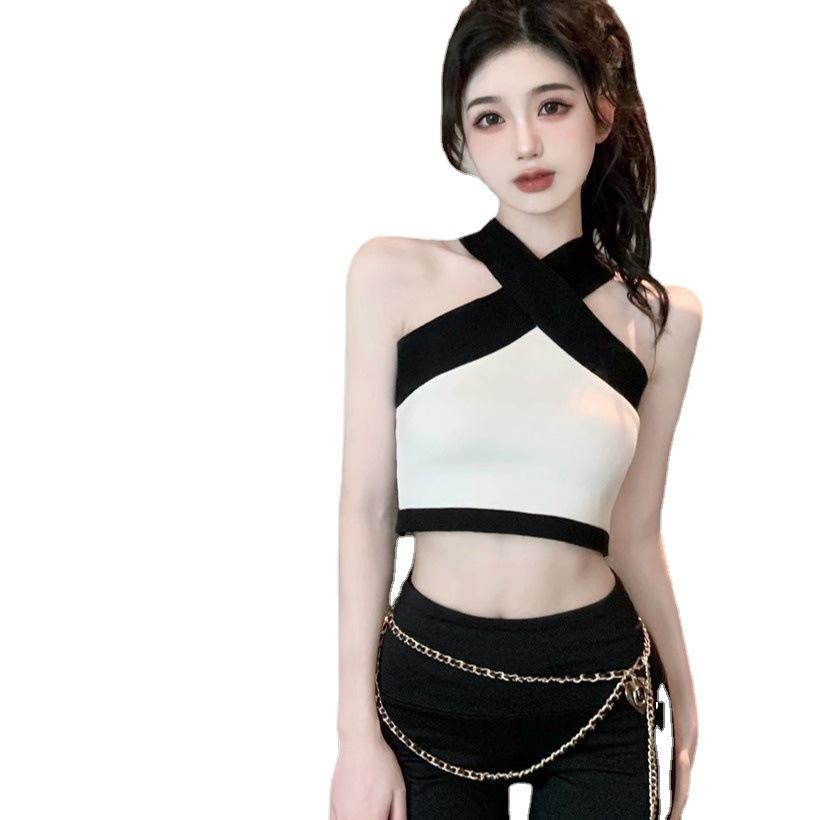 Pure desire chic sweet babes sexy short neck vest women wear contrasting color off the navel sleeveless top women ins tide