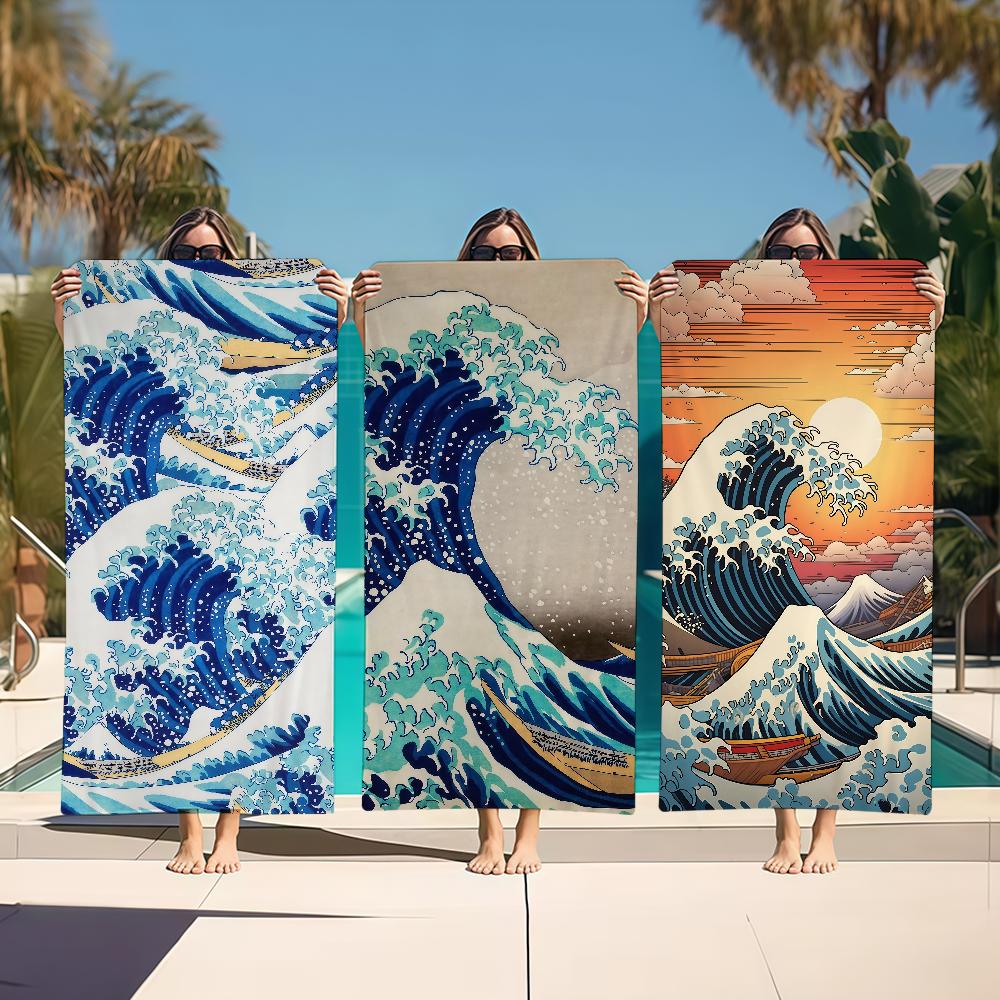 Towel Textile Bathrobe Beach Quick-Drying Lightweight Portable Great Camping Swim Pool Hokusai Wave Travel