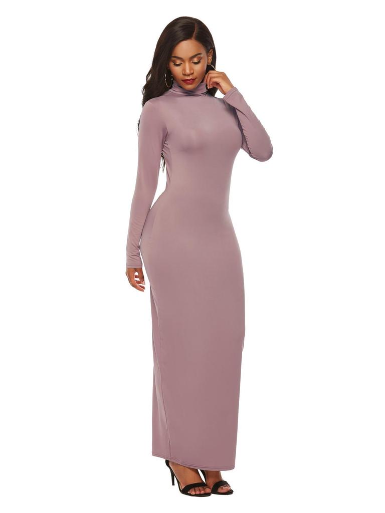 Women's Long Sleeve Solid Color Slim Fit High Neck Dress - European & American Fashion