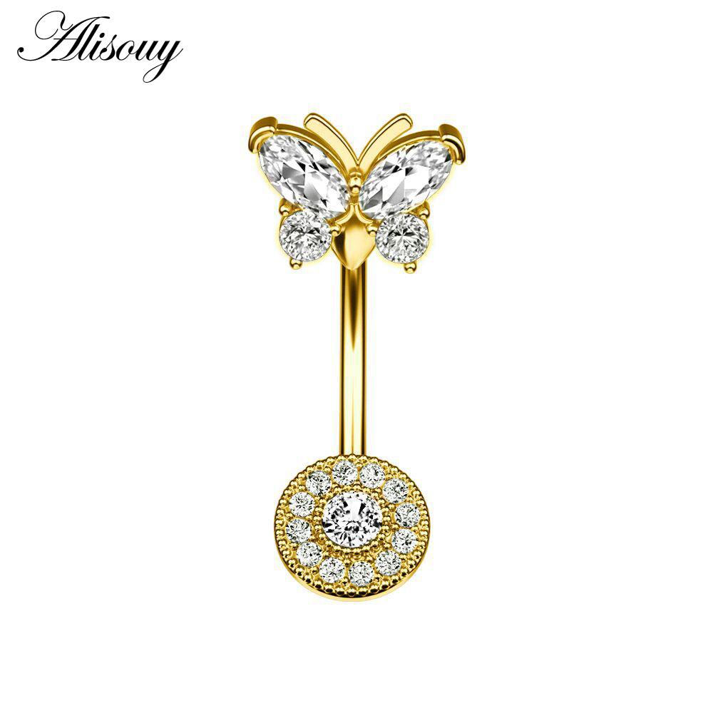 Alisouy 1pc Surgical Steel Crystal Zircon Star Butterfly Moon Stones Dangle Button Navel Piercing Ring Belly Ring Body Jewelry