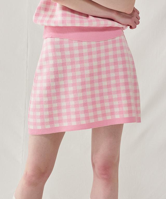 RONRON Gingham Knit Mini Skirt Pink