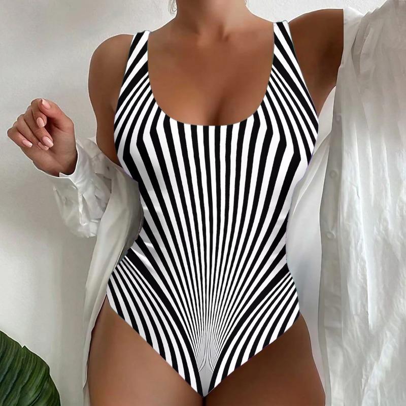 Women's Green Mandala & Stripe Print One-Piece Swimsuit U-Neck Wide Strap Bathing Suit