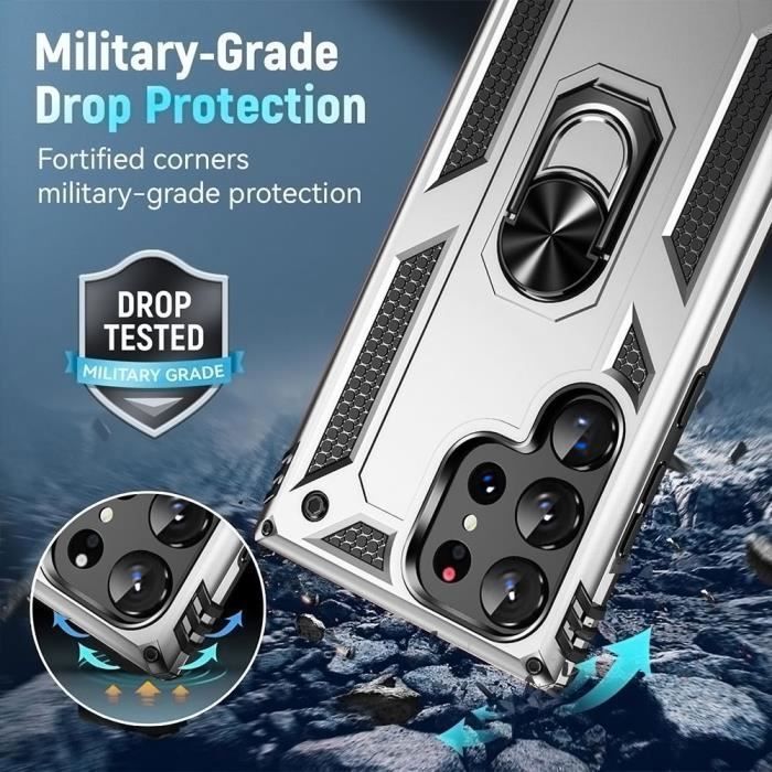 Coque - Booling - pour Samsung Galaxy S24 Ultra - Argenté - Protection Antichoc - Anneau support + 2 Verres