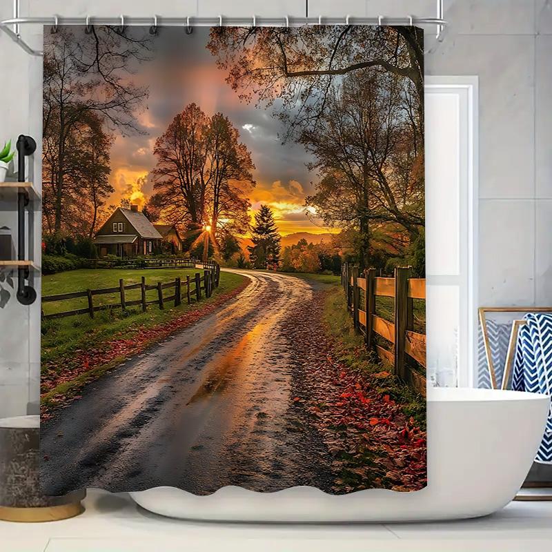 

Autumn Countryside Road Shower Curtain Featuring Tranquil Farmhouse Rustic Fence Woods Decor Add Cozy Nature Touch Bathroom W60H190(CM)-1 Pcs