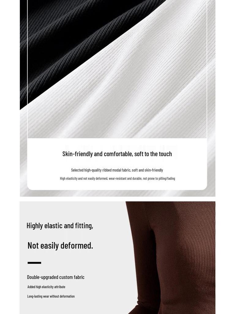 Women's Modal High Neck Long Sleeve Shirt - Elastic Slim Fit, Trendy Thin Style for Spring, Autumn, and Winter.