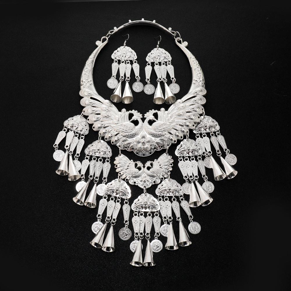 Retro Pendant Peacock Necklace Earrings Set With Bell For Festival Accessories