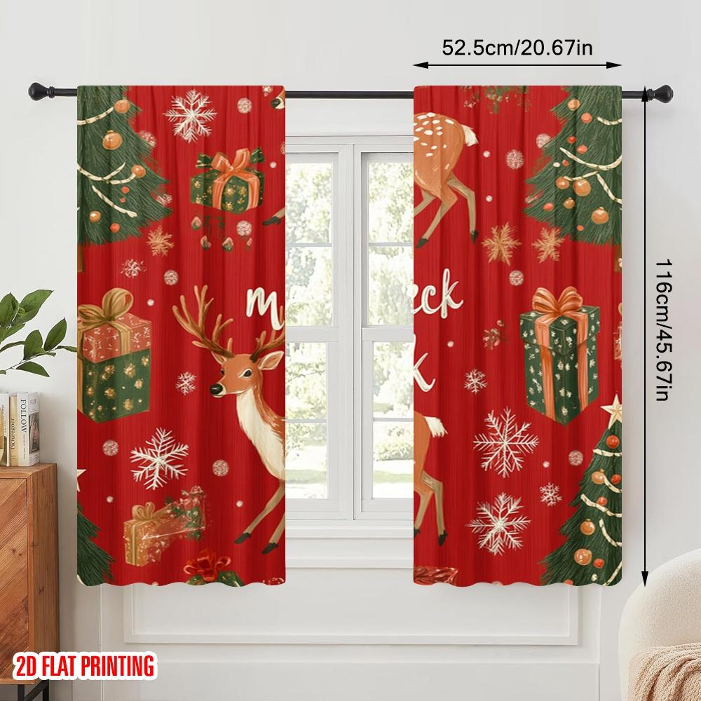2pcs,2D Plane Printing Light Filtering Curtains Deer Christmas Trees Snowflakes Gifts Durable 100% Polyester Fabric (without