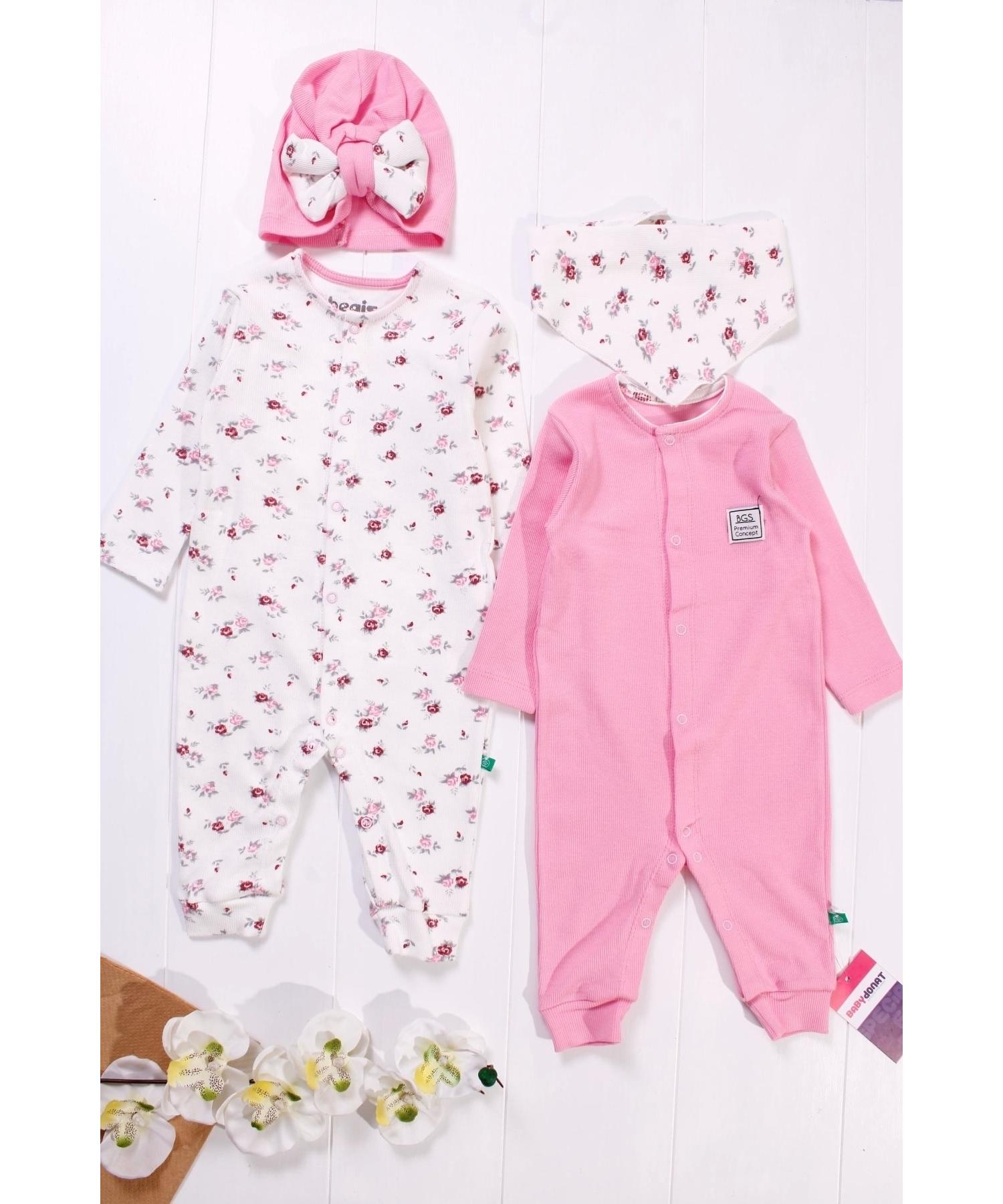 

Floral Patterned Embroidered Baby Girl 4-Piece Rompers Set